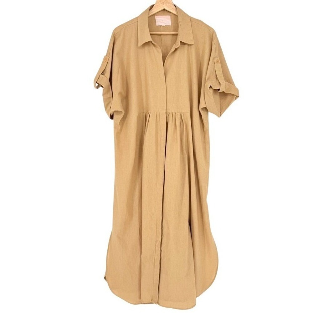 Us Together Tan 100% Cotton Button Tab Shirt Dress Plus Size 1X Khaki Minimalist